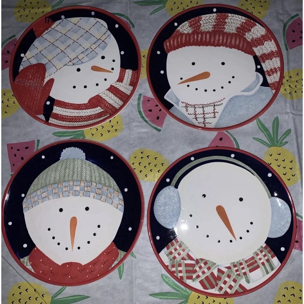 Debbie Mumm Christmas SNOWMAN PORTRAITS Set of 4 Salad Dessert Plates 8.25"